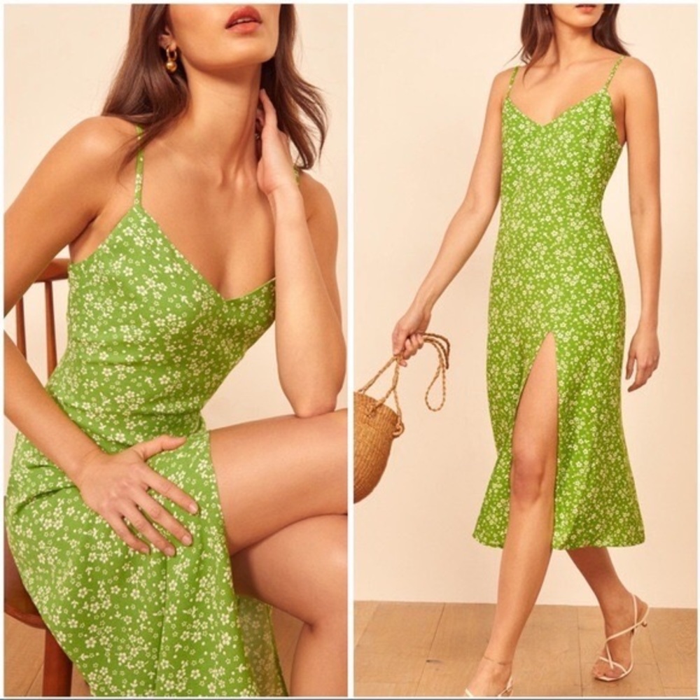 Reformation Green Floral Crimini Midi Dress